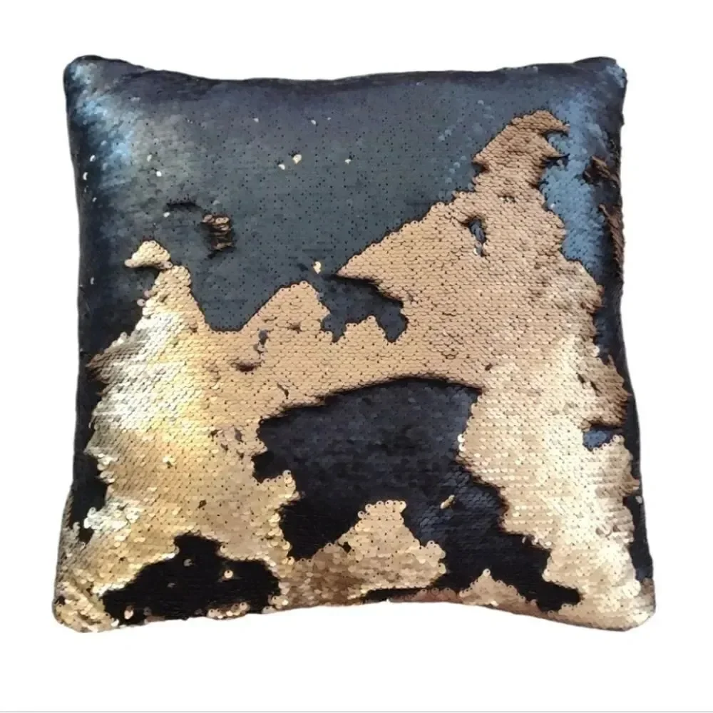 Y2K 2 Square Decor Accent Pillows‎ Black Gold Metallic Sequins Floral